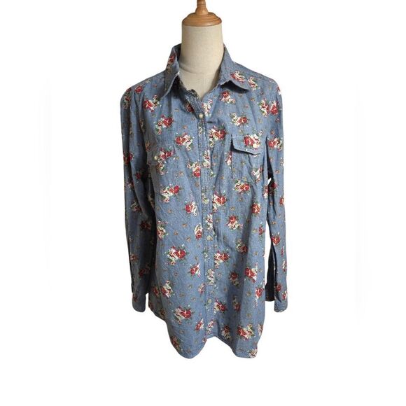 Faded Glory Floral Denim Plus Size Button Down Shirt - Picture 1 of 6